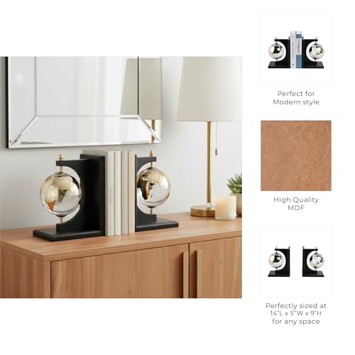 Modern Glass Globe Bookends with Wood Base - Decorative Book Accessories and Home Library Shelf Decor - Sculptural Book Ends for Stylish Bookshelf, Office Accent, or Desk Decor - Set of 2, 9", Black