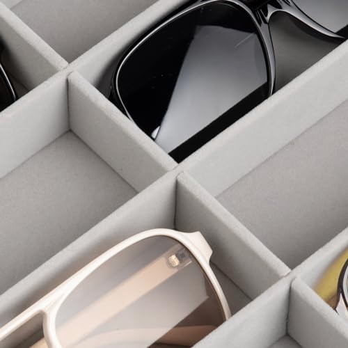 Frebeauty Sunglass Organizer,Velvet Glasses Organizer,8-Slot Sunglasses Tray with Clear Lid,Men's/Women's Sunglasses Box,Sunglass Case,13.3 x 9.6 x 2.2 Inches,Eyeglass/Eyewear Display Tray(Grey) - color: Grey, style: With Lid