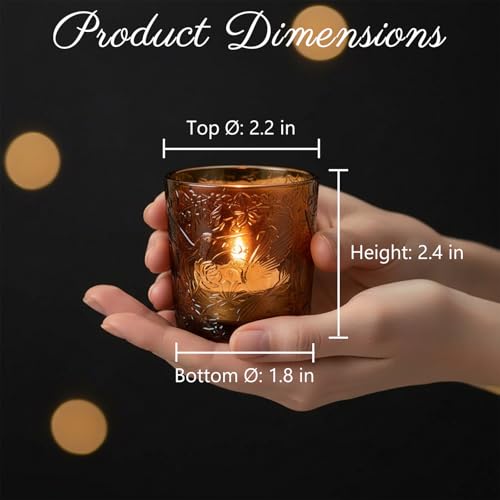 12 Pack Hummingbird Embossed Glass Candle Holders – Votive Tealight Holders with Patent Design, Decorative Embossed Glass Cups for Wedding Centerpieces, Parties, and Home Décor (Chestnut Brown) - color: Chestnut Brown