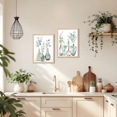 Framed Sage Green Boho Plant Wall Art Set of 2 Bohemain Botanical Wall Printing Neutral Canvas Prints with Eucalyptus Leaf and Glass Bottle Wall Decor For Kitchen Dining Room Living Roon Bathroom 12x16IN - color: Plant kitchen Framed, size: 12"L x 16"W