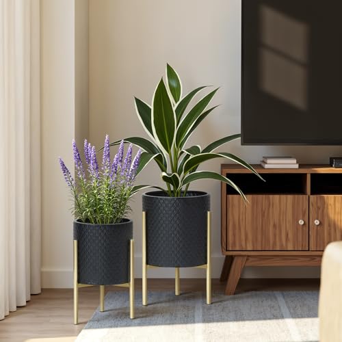 LuxenHome 2-Piece Diamond Pattern Round Metal Cachepot Planter Set, Black Planter with Gold Stands Set of 2 Indoor Plant Pots Large Floor Plant Pot for Plants, NOT Waterproof - color: A Black 9.9"+8.3"