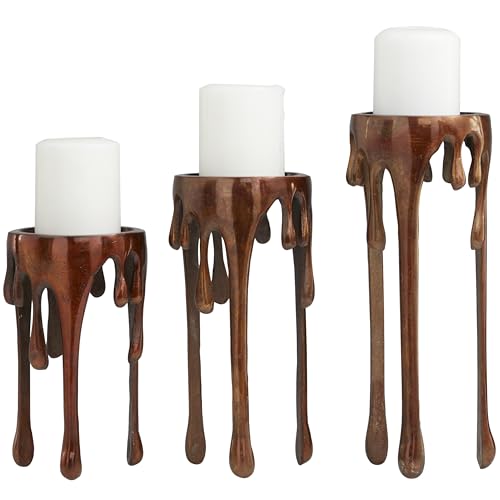 Deco 79 Aluminum Pillar Candle Holder with Dripping Melting Designed Legs, Set of 3 13",10",9"H, Copper