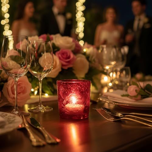 12 Pack Hummingbird Embossed Glass Candle Holders – Votive Tealight Holders with Patent Design, Decorative Embossed Glass Cups for Wedding Centerpieces, Parties, and Home Décor (Crimson Glow) - color: Crimson Glow