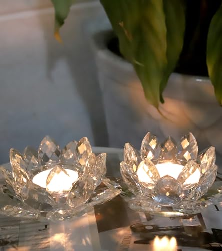 Crystal Lotus Flower Tealight Candle Holder Set of 2, Clear Glass Candlestick Holders, Pillar Votive Candle Holders for Table Centerpiece, Home Décor, Party, Wedding, Dinning