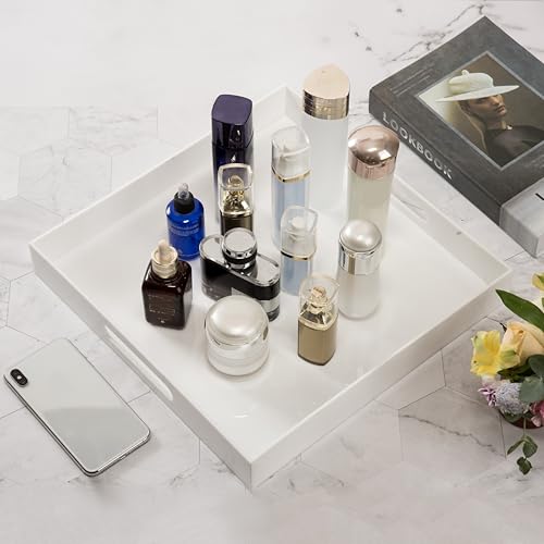 KEVLANG Glossy White Sturdy Acrylic Serving Tray with Handles-14x14Inch-Serving Coffee,Appetizer,Breakfast,Butler-Kitchen Countertop Tray-Makeup Drawer Organizer-Vanity Table-Ottoman Tray - color: Glossy White, size: 14" x 14" x 2"