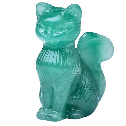 Natural Green Strawberry Crystal Cat Statue 2.4 Inch - Handmade Healing Sculpture, Lucky Guardian Pocket Statue for Reiki Meditation, Office & Home Decoration Gift - color: Green Strawberry