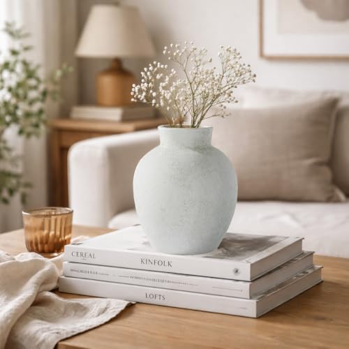 Handmade White Ceramic Vase 6.1 Inch, Farmhouse Boho Tabletop Centerpiece for Living Room, Rustic Wabi-Sabi Decor for Wedding Mantel Shelf - size: 6.1in