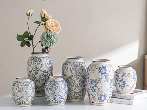 Blue and White Vase, Vintage Blue Ceramic Flower Vessel,Ceramic vases for Home Decor,Vintage Vase for Home Decor, Living Room, Shelf, Office, Rustic Table Centerpiece (Retro-01, Large) - color: Retro-01, size: Large