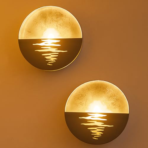 Gold Wall Sconces Set of Two: Flameless Candle Sconces Night Light for Indoor Livingroom Bedroom - Metal Sunrise Decor Wall Candle Holder with Tealight for Hallway