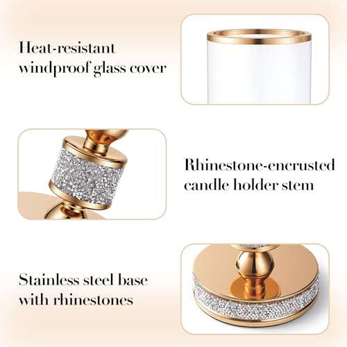 13.5" Tall Pillar Candle Holder with Glass Wind Proof, Metal Hurricane Holders, Gold Crystal Candle Stand for Table Centerpieces, Wedding, Dining Table (M, 2PCS, for Pillar Candles up to 3"x5") - color: Gold, size: Medium