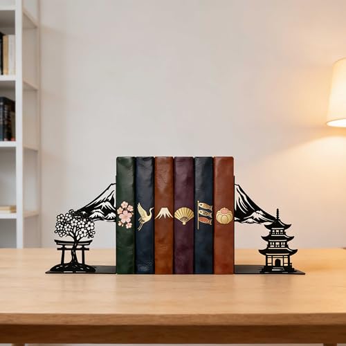 Matte Black Iron Decorative Bookends for Shelves, Fuji Mountain Sakura Design Book Ends Decorative, Book Ends for Heavy Books, Unique Bookends for Home Office Shelves, 7.9 x 1.2 x 5.9 Inches - color: Fuji Bookends