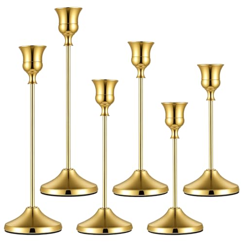 2 Sets 6 Pcs Gold Metal Taper Candle Holders, Candlestick Holders, 7cm Diameter Taper Candle Holder Bulk for Table Centerpieces Candlesticks for Ramadan Wedding Christmas Party Table Decor-23/19/16cm - color: 6pcs
