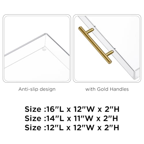 12"x12" Clear Acrylic Serving Tray with Golden Handles, Sturdy Huge Capacity Acrylic Trays for Coffee, Juice, Kitchen and Desk Organizer, Storage Tray (12"x12") - size: 12" x 12" x 2"