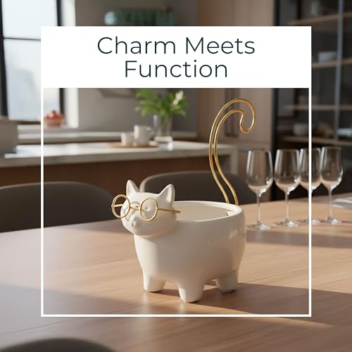 Ceramic Jewelry Dish & Trinket Tray – Ring Dish and Catchall for Everyday Accessories, Vanity or Nightstand Display – Cat Silhouette Decorative Tray Accent, Home Decor – 6", White & Gold - size: 6.0" H