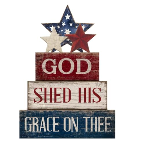 CroBlissful 4 Pcs 4th of July Decorations Patriotic Memorial Day Tabletop Decorations Red White Blue Table Centerpieces Sign for Office Tiered Tray Home Shelf 250th Anniversary(God) - style: God