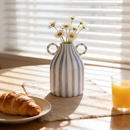 Ceramic Blue and White Striped Vase with Handle, Modern Minimalist Coastal Decor Home for Centerpieces for Tables, Kitchen Office, Bookshelf, Bedroom Aesthetic Decor (A) - color: Blue White