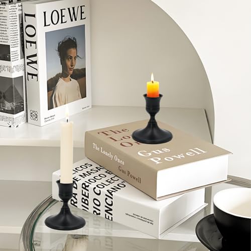 2 Pcs Black Taper Candle Holders 2.8 Inch Vintage Short Skinny Metal Candlestick Holders for Table Centerpieces - color: Black