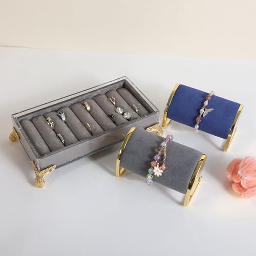 GemeShou velvet slots Ring holder for jewelry organizer, Grey earring ring display stand for selling, felt ring jewelry holder tray showcase【Velvet slots Ring Holder-Grey】 - color: Grey
