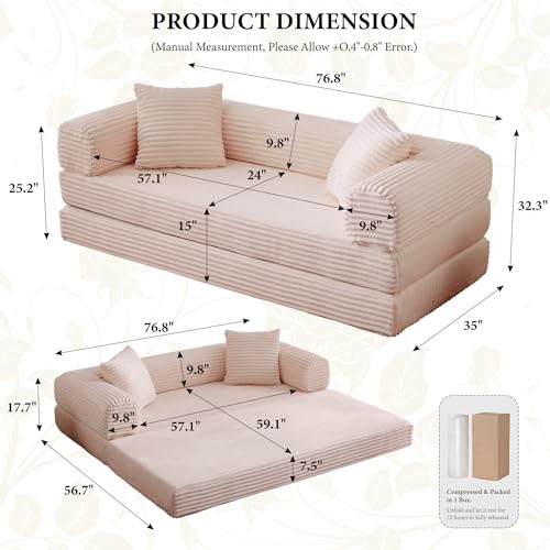 Boneless Couch Versatile Couches for Living Room No-Install Sofa Bed Corduroy Futon Soft Cloud Couch with Pillows for Bedroom Game Movie (Pink, 76") - color: Pink