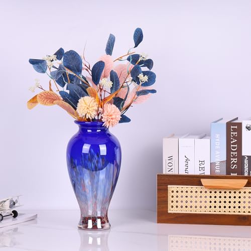 Hand Blown Glass Vase 11.8" Tall Beautiful Dark Blue Sea Wide Mouth Bud Vase for Table Centerpiece, Painted Colorful Murano Glass Flower Vases for - Home Entrance Wedding Center - color: Blue