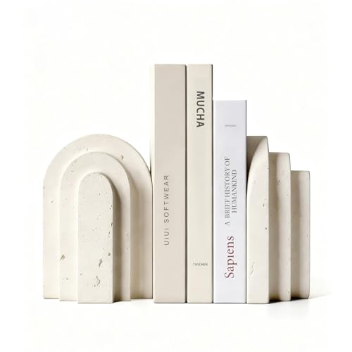 Book Ends for Heavy Books, Beige Modern Pleasing Layered Arch Design Aesthetic Bookend Decorative, Concrete Book Ends to Hold Books Heavy Duty for Bookshelf Decor, Home Decor, Office Decor