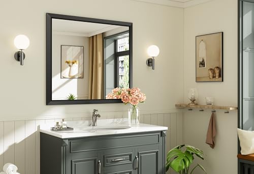 Briivue 40x36 Inch Black Bathroom Mirror for Wall, Thick Metal Framed Rectangle Mirrors for Over Sink, Bedroom, Living Room, Entryway, Anti-Rust, HD Tempered Glass - color: Black, size: 40"L x 36"W