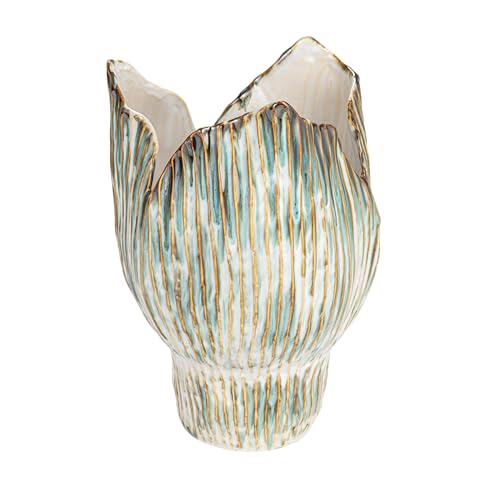 Bloomingville Stoneware Pleated Sculptural Vase with Reactive Glaze, Green and White