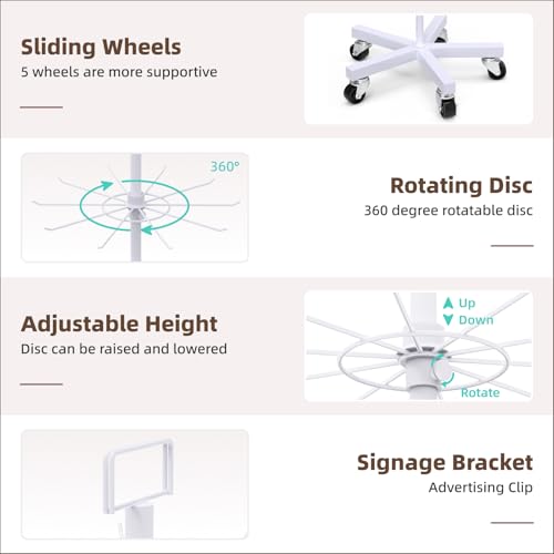 Upgraded Retail Display Stand 7 Tier Spinning Display Stand, Movable Shop Spinner Rack with Hooks, Retail Display Racks for Jewelry Keyring Hats Socks Toys (White) - color: White, style: 7 Tier-5 wheels