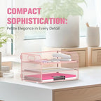DALTACK 3 Tier Paper Organizer with Handle, Mesh Metal Desk Organizer with Sliding Paper Trays for Letter/A4 Paper, Mail, Bills & Folders, Pink - color: Pink