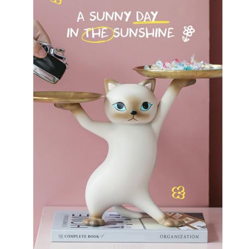 Surakey Resin Cartoon Cat Sculpture with Metal Tray Animal Statue Figurine Storage Tray Key Tray Sundries Candy Container Nut Tray Double Tray for Home Desk Decor Gift (Gray)