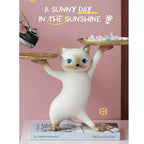 Surakey Resin Cartoon Cat Sculpture with Metal Tray Animal Statue Figurine Storage Tray Key Tray Sundries Candy Container Nut Tray Double Tray for Home Desk Decor Gift (Gray)