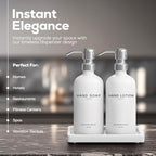White Glass Soap and Lotion Dispenser Set by Brighter Barns - Bathroom Soap Dispenser Set Tray - Liquid Hand Soap Dispenser Pump - Modern Bathroom Accessories for Guest, Hotel, Spa, Restaurant (White) - color: Silver Sl