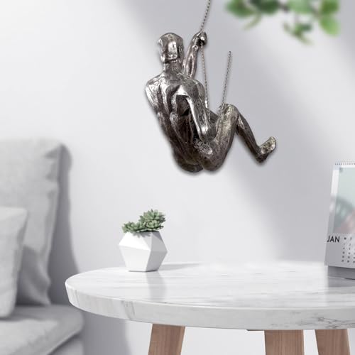 Climbing Man Wall Sculpture – Resin Decor Figure, Modern Art Accent, Black Home Ornament | Unique 3D Hanging Statue Piece, Artistic Abstract Wall Decoration Setup Living Room Bedroom Workplace Design - size: Trumpet left hand, style: Silver