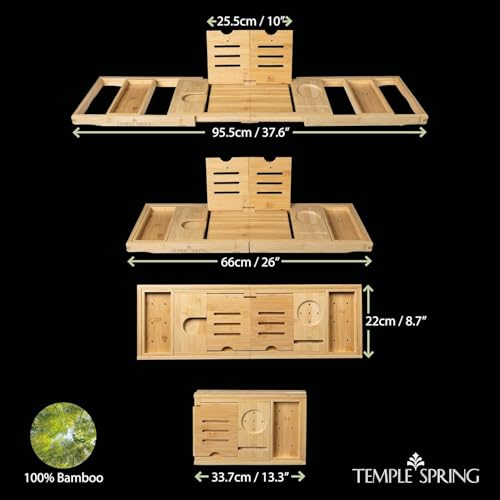 Temple Spring Foldable Bamboo Bathtub Tray Caddy for Tub — Expandable One-Piece Wood Bath Table with Wine Holder Book Stand and Non-Slip Pads — Space-Saving Bath Caddy — Housewarming - color: Foldable Wood Bamboo