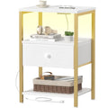 BOLUO White and Gold Nightstand with Charging Station, LED Night Stand with Fabric Drawers and Shelf, Bedside Table with USB Ports and Outlets, Bedroom Nightstand Modern - color: D. Gold