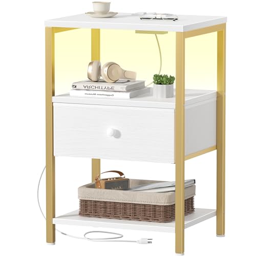 BOLUO White and Gold Nightstand with Charging Station, LED Night Stand with Fabric Drawers and Shelf, Bedside Table with USB Ports and Outlets, Bedroom Nightstand Modern - color: D. Gold