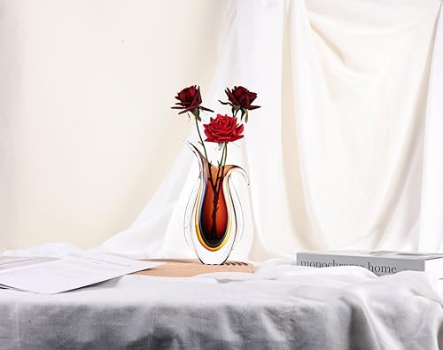 Blown Glass vase, Unique Murano Style Glass Art Deco vase for Living Room TV Stand, Table Setting, Office, Room and Desktop Decorations and Ornaments. - color: Amber