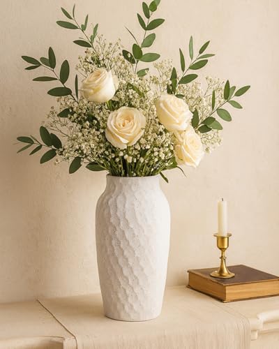 White Ceramic Vase for Flowers, Textured Speckled Hammered Finish Decorative Vase for Living Room, Table Centerpiece & Modern Home Decor - color: White, size: 12.4 Inch
