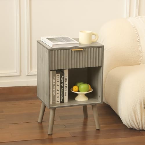 Fultyle Grey Wood Nightstand with Charging Station, Modern Bedside Table with Fluted Drawers and Storage Shelf, End Side Tables Living Room for Bedroom, Office (Grey) - color: Grey With Charging Station
