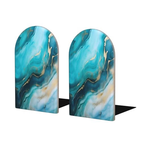 Decorative Bookends 2 Pcs Teal Turquoise Liquid Marble Wood Bookends for Shelves Heavy Books Kids Non-Skid Book Ends Stoppers for Office Desk Kitchen School - color: Teal Turquoise Liquid Marble