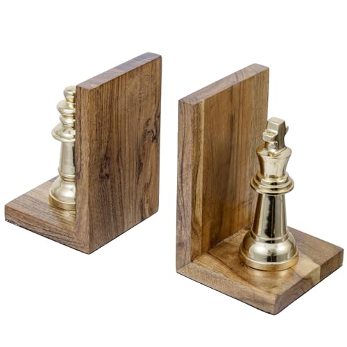 MyGift Decorative Chess Bookends Heavy Duty Mango Wood and Brass Tone Metal King and Queen Chess Pieces Design Bookend Shelf Decor - Handcrafted in India