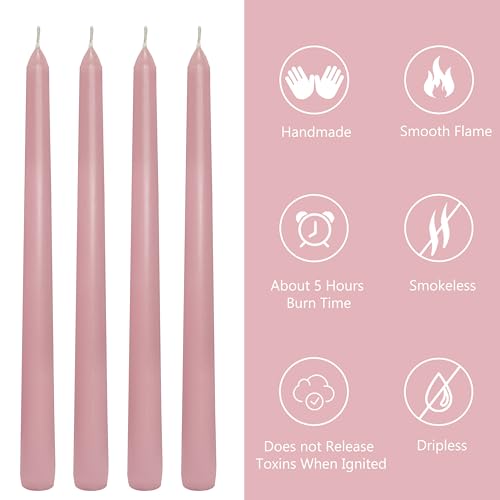 10 Inch Taper Candles Handmade Smokeless Set of 4 – Rose Scent Tapered Candles in Pink, Candle Sticks for Wedding, Home Decor, and Dinner Table - color: Pink