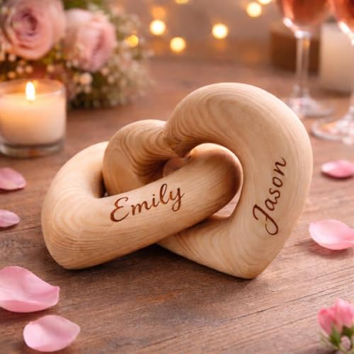 Mother’s Day Father’s Day Gift with Custom Names, Personalized Infinity Heart Sculpture, Interlocking Hearts Decoration Wooden Love Knot Heart Couple Gifts Keepsake Wedding Anniversary Present