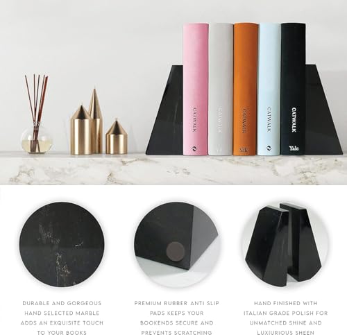 Ottimo Premium Polished Stone Marble 6" Book Ends for Bookshelf Decor, Home, Office or Kitchen Shelves. Heavy, Triangular, and Decorative Book Stopper with Anti-Slip Pads, Great Gift Idea (Black) - color: Midnight Black