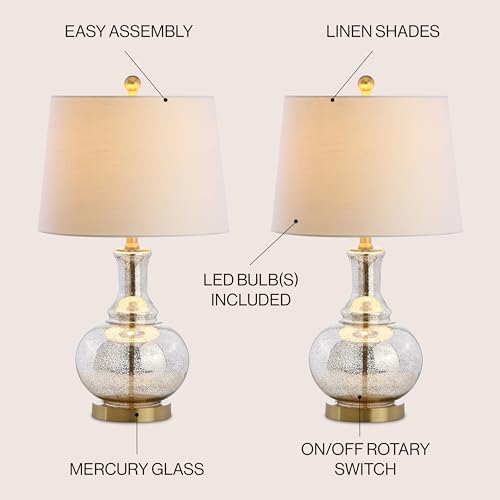 JONATHAN Y 25" Mercury Silver and Brass Gold Glass Table Lamp Set of 2 for Bedroom, Modern Bedside Lamp for Living Room Nightstand, White Linen Drum Shade, LED Bulb Included JYL1068A-SET2 - color: Mercury Silver