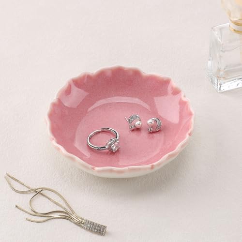 HOME SMILE Ring Jewelry Dish Pastel Pink Ruffled Ceramic |Trinket Tray for Earrings, Necklaces|Mothers Day Birthday Friendship Gifts for Women|Vanity Organizer & Bathroom Decor - color: Pink