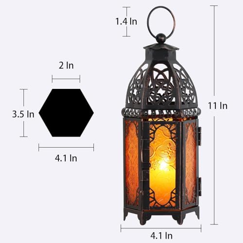 DECORKEY Moroccan Lanterns Decorative Indoor & Outdoor, 11’’ Medium Size Vintage Metal Hanging&Tabletop Candle Holder Decor, Halloween Christmas Ramadan Decorations for Home Porch Patio (Amber) - color: Amber - 11''h, size: Medium