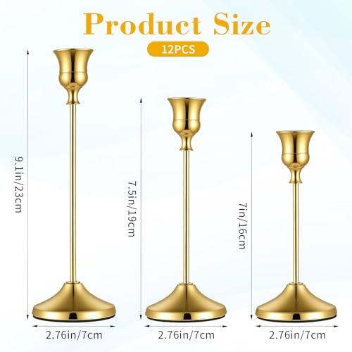 12 PCS Gold Metal Taper Candle Holders, Candlestick Holders, 7cm Diameter Taper Candle Holder Bulk for Table Centerpieces Candlesticks for Wedding Christmas Home Party Table Decor-23/19/16cm - color: 12pcs