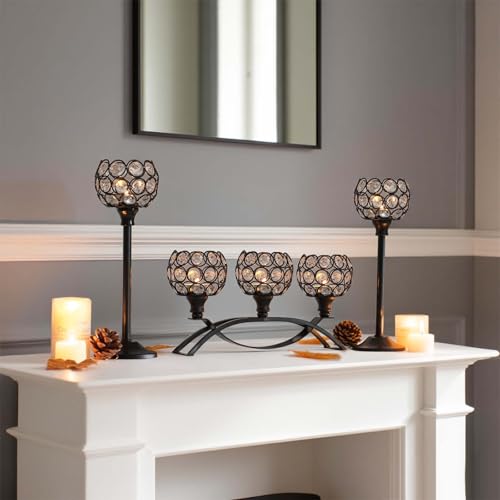 Crystal Tealight Candle Holder Centerpiece Home Decorative Candlestick Holder Elegant Table Centerpiece Home Decor Wedding Party Anniversary (Black, Set of 3) - color: Black, size: 3 Pieces