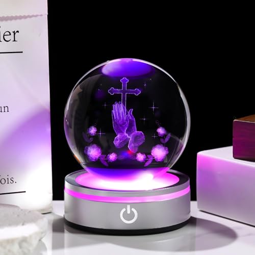 Arikyrist 3.15in. 3D Cross with Praying Hands Crystal Religious Gifts for Women Men, Crystal Ball Engraved Hands Holding A Cross Christian Figurine Paperweight with LED Light Base for Decoration - color: Cross